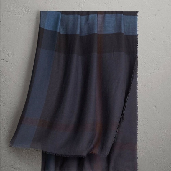 BURBERRY
 
Large Lightweight Check Silk Modal Wool Square Scarf In Navy - Picture 4 of 7